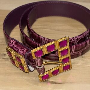 80s Purple Alligator Embossed Leather Belt Womens M Amethyst Gold Jeweled Buckle